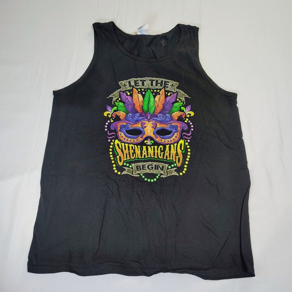 Mardi Gras Let The Shenanigans Begin Muscle Tank Top Carnival Party Sz M Black